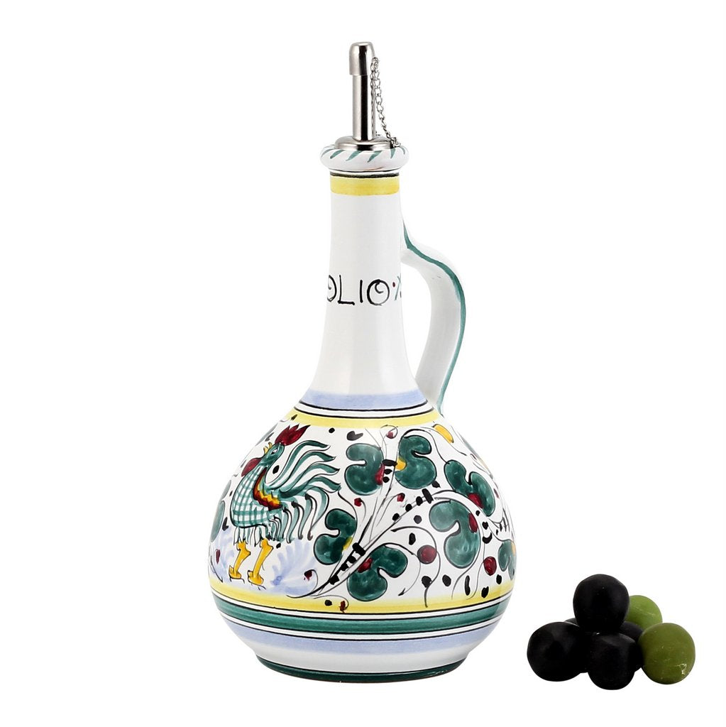 ORVIETO GREEN ROOSTER: Bundle with Utensil Holder + Olive Oil Dispenser + Biscotti Jar - Artistica.com