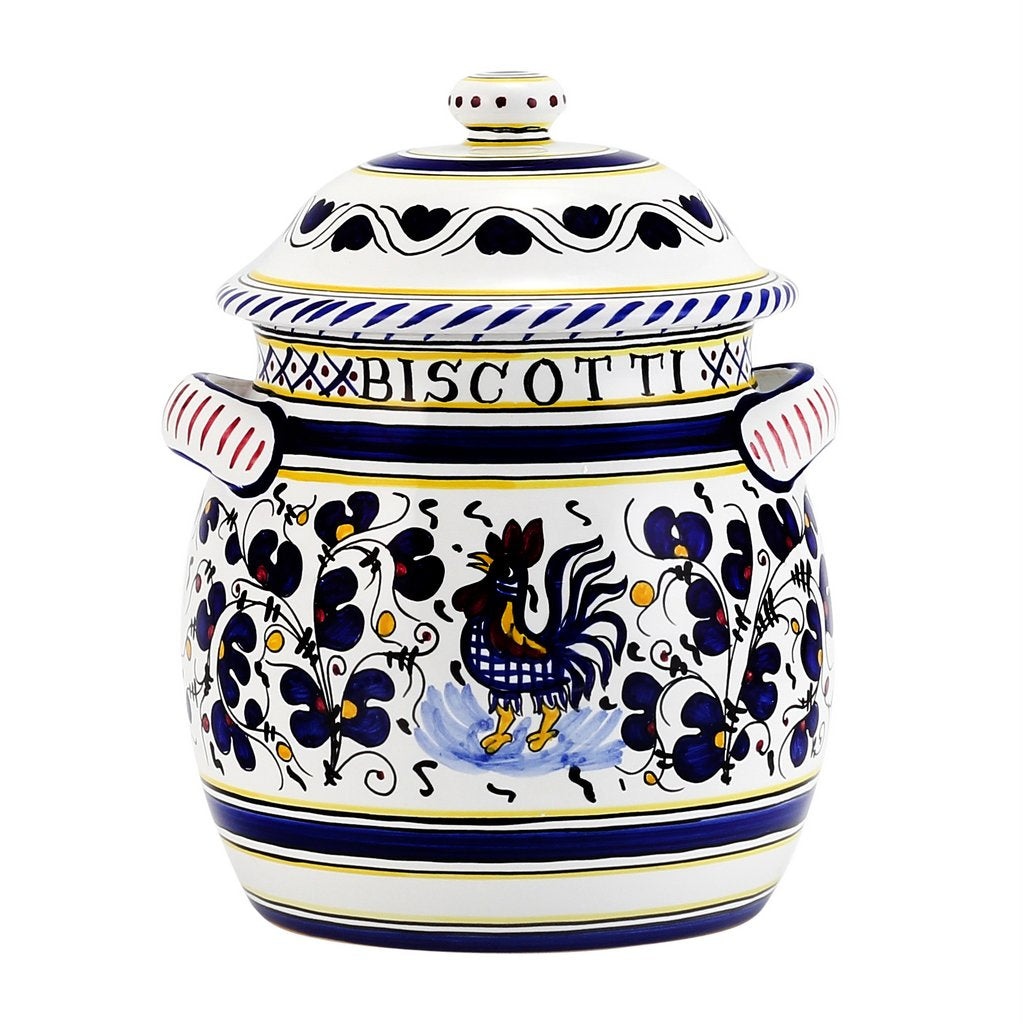 ORVIETO BLUE ROOSTER: Bundle with Utensil Holder + Olive Oil Dispenser + Biscotti Jar - Artistica.com