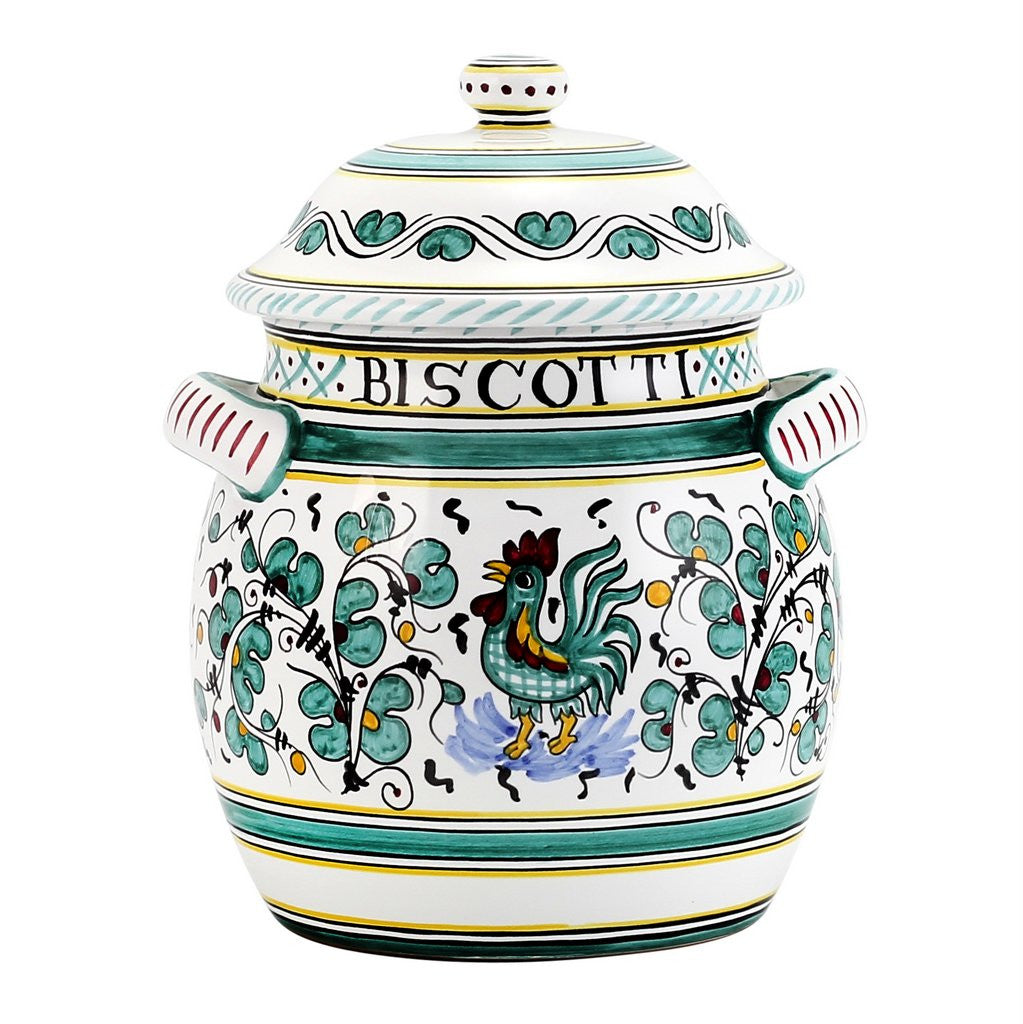 ORVIETO GREEN ROOSTER: Traditional Biscotti Jar - Artistica.com