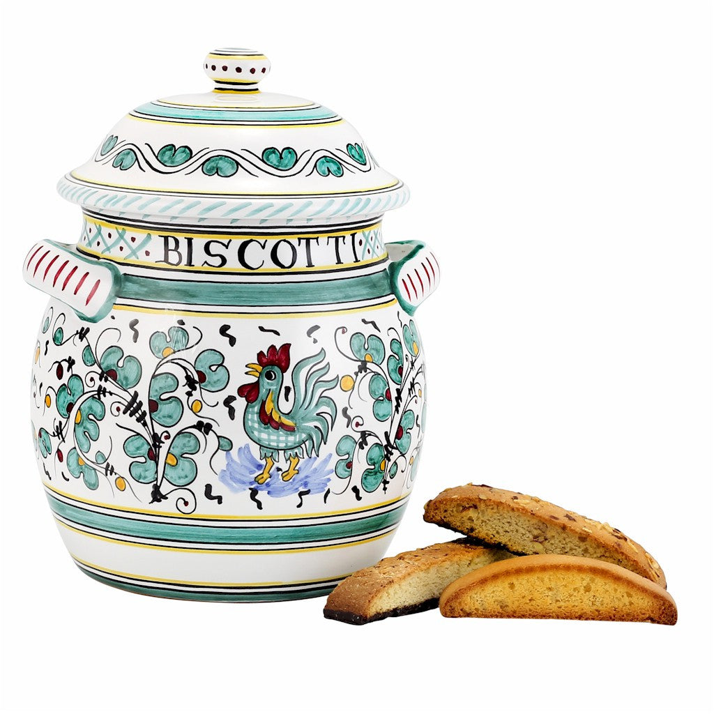 ORVIETO GREEN ROOSTER: Traditional Biscotti Jar - Artistica.com