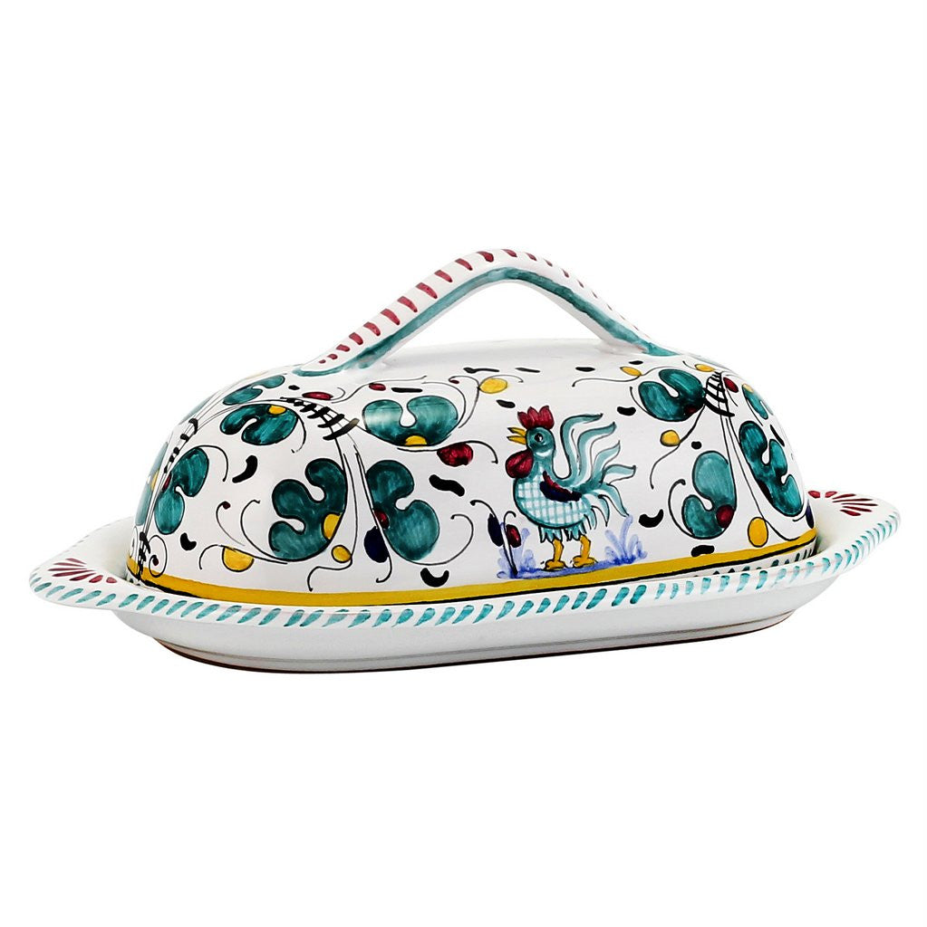 ORVIETO GREEN ROOSTER: Butter Dish w cover - Artistica.com