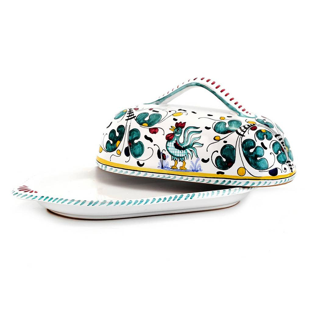 ORVIETO GREEN ROOSTER: Butter Dish w cover - Artistica.com
