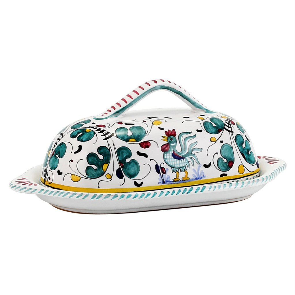 ORVIETO GREEN ROOSTER: Bundle with Butter Dish + Sauce Boat + Spoon Rest - Artistica.com