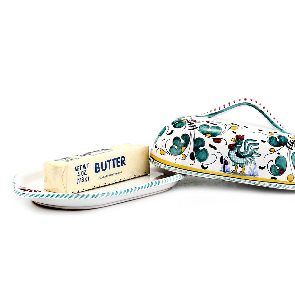 ORVIETO GREEN ROOSTER: Butter Dish w cover - Artistica.com