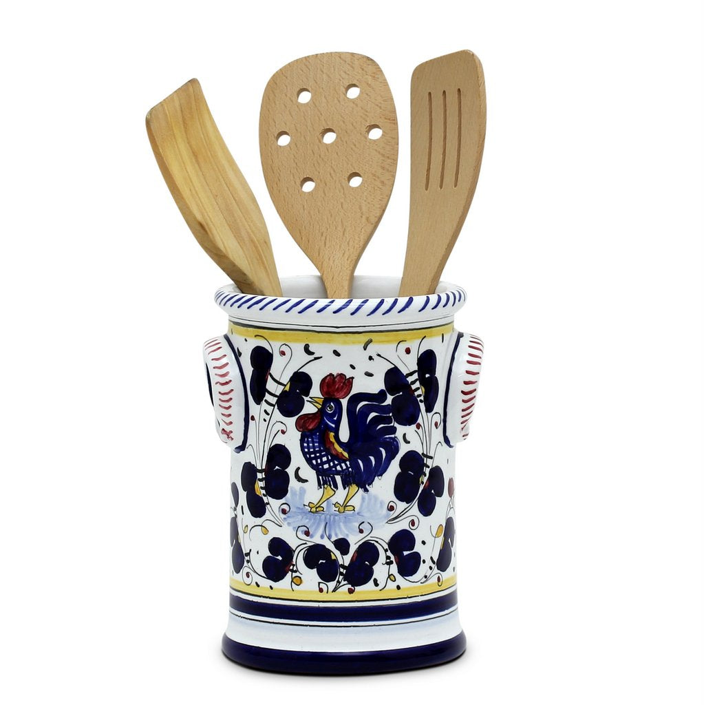ORVIETO BLUE ROOSTER: Bundle with Utensil Holder + Olive Oil Dispenser + Biscotti Jar - Artistica.com