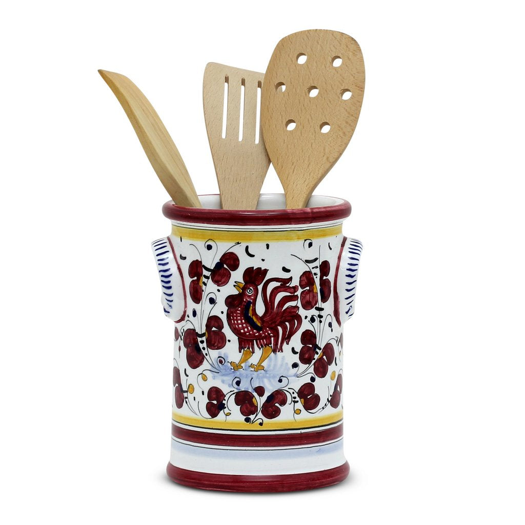 ORVIETO RED ROOSTER: Bundle with Utensil Holder + Olive Oil Dispenser + Biscotti Jar - Artistica.com