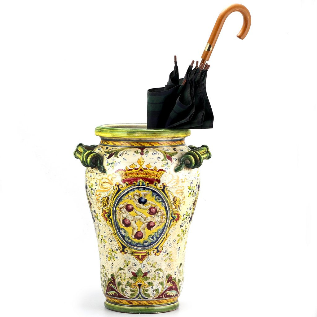 MAJOLICA MEDICI: Large Vase Umbrella Stand with two handles and DeMedici Crest - Artistica.com