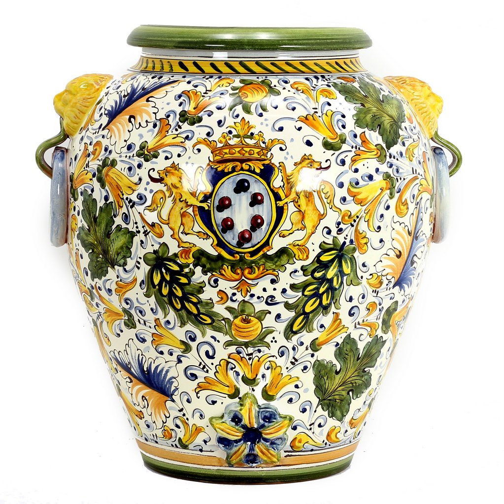 MAJOLICA CAFFAGIOLO: Tuscan Orcio with side rings and lion heads with green trimmings. - Artistica.com