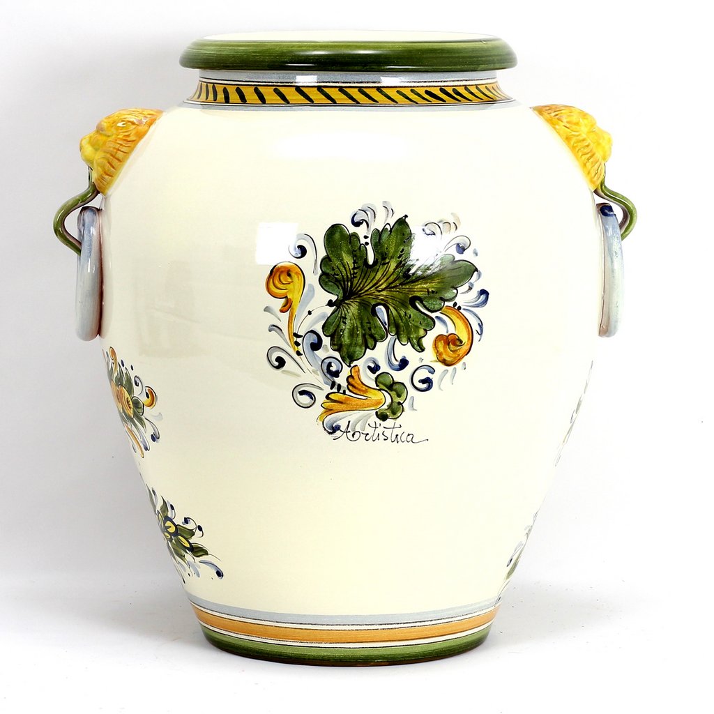 MAJOLICA CAFFAGIOLO: Tuscan Orcio with side rings and lion heads with green trimmings. - Artistica.com