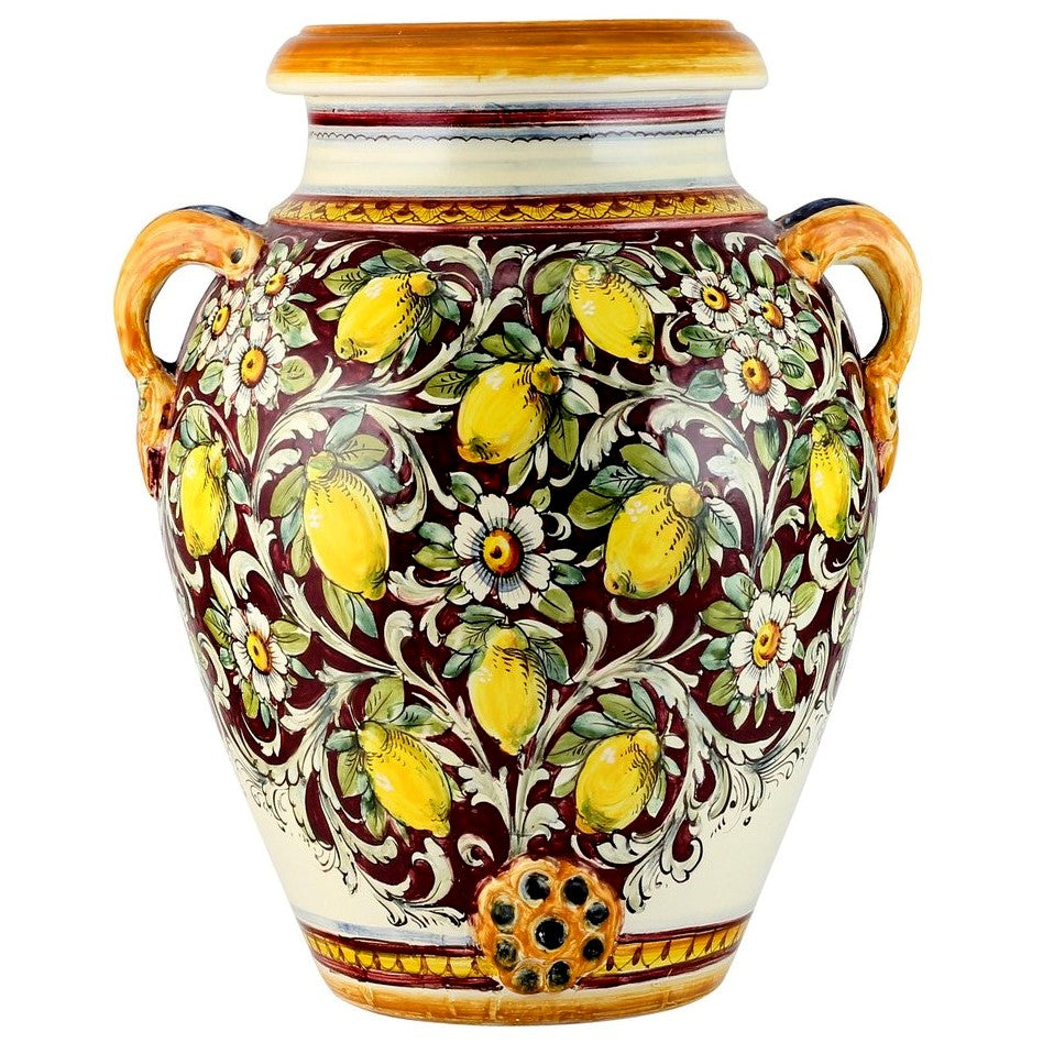 MAJOLICA TOSCANA: Orcio Urn ~ Limoni Fondo Bordeaux Design LARGE - Artistica.com