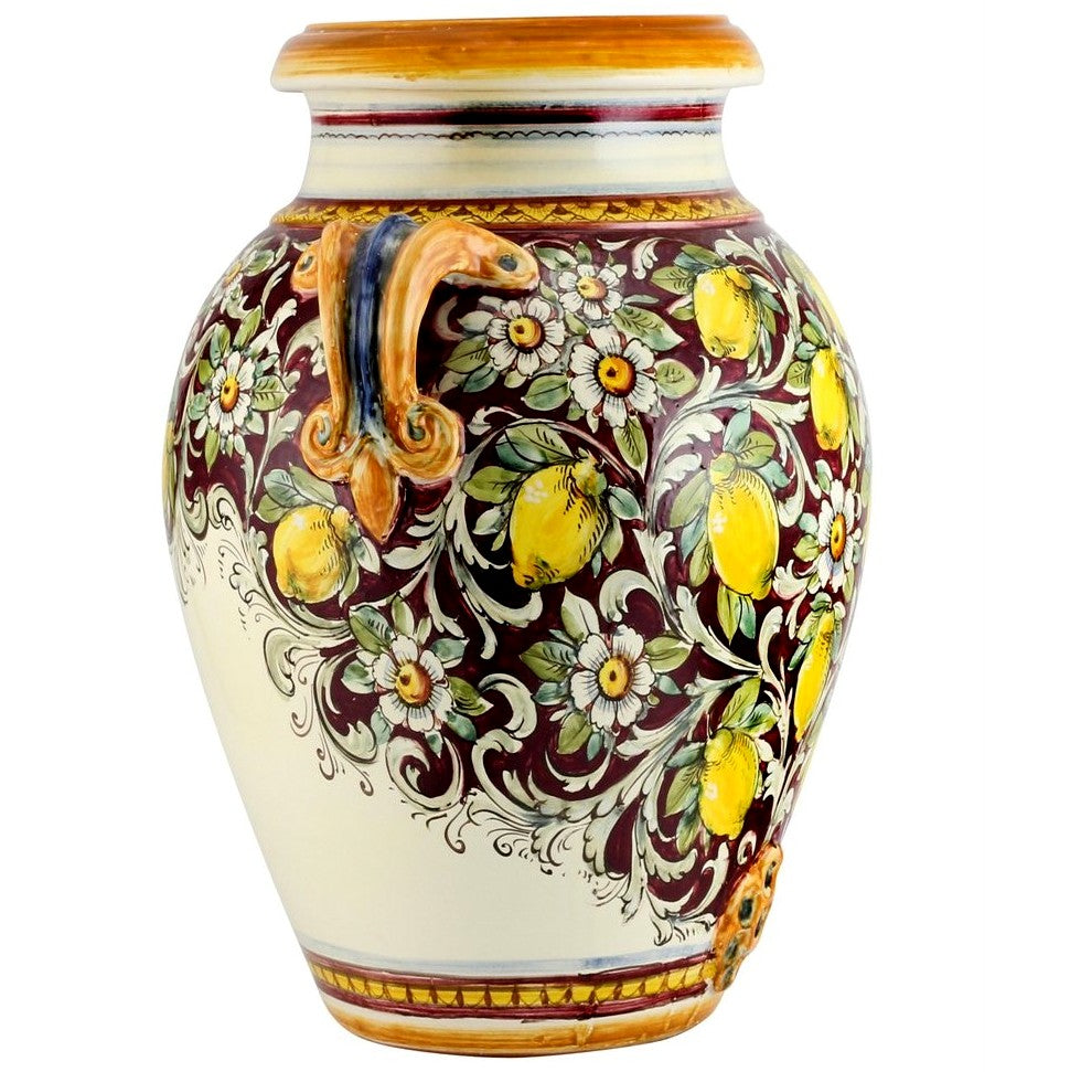 MAJOLICA TOSCANA: Orcio Urn ~ Limoni Fondo Bordeaux Design LARGE - Artistica.com