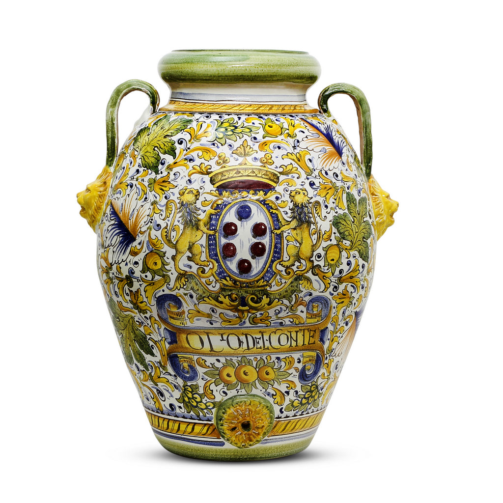 MAJOLICA CAFFAGIOLO: Extra Large Tuscan Orcio with Medici Crest + Lions - Artistica.com