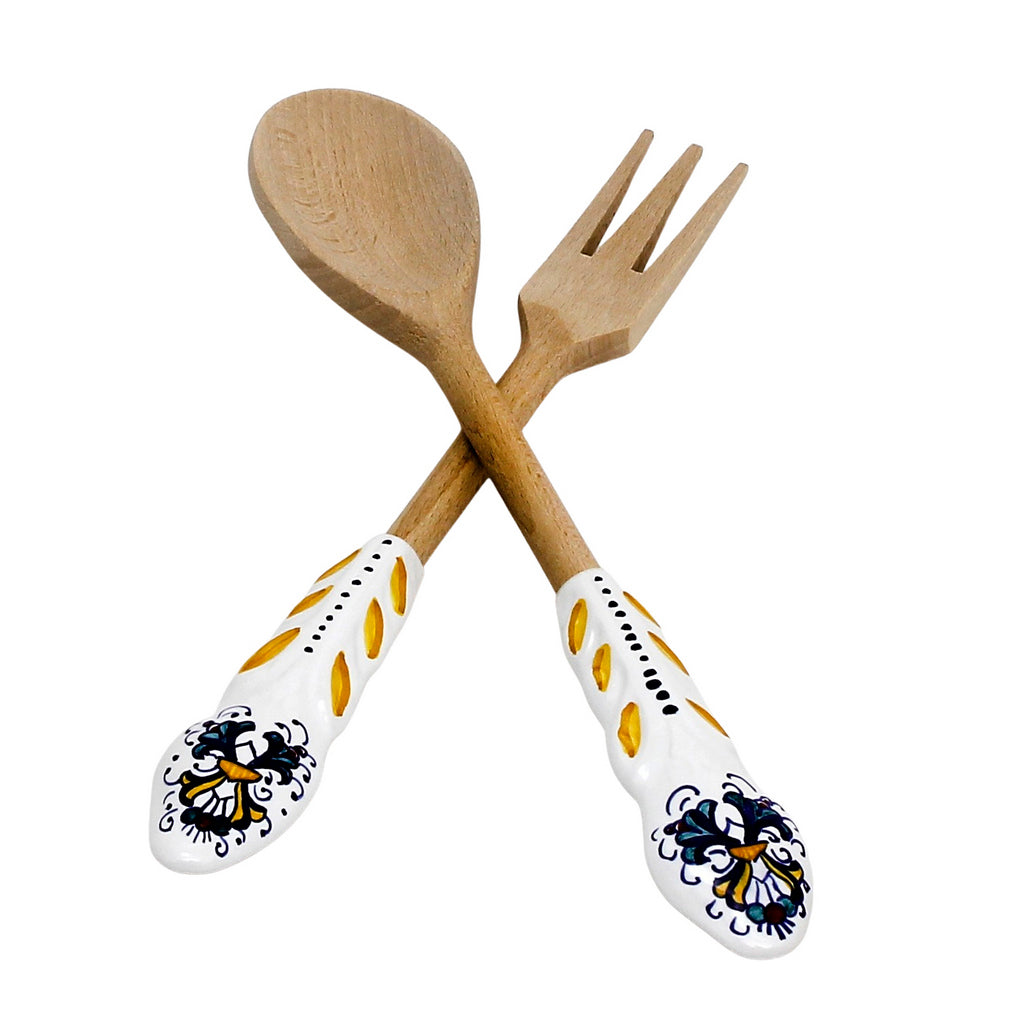 Ricco Deruta Deluxe: Ceramic Handle Spaghetti Tong and Risotto Spoon Ladle Set with 18/10 Stainless Steel Cutlery.