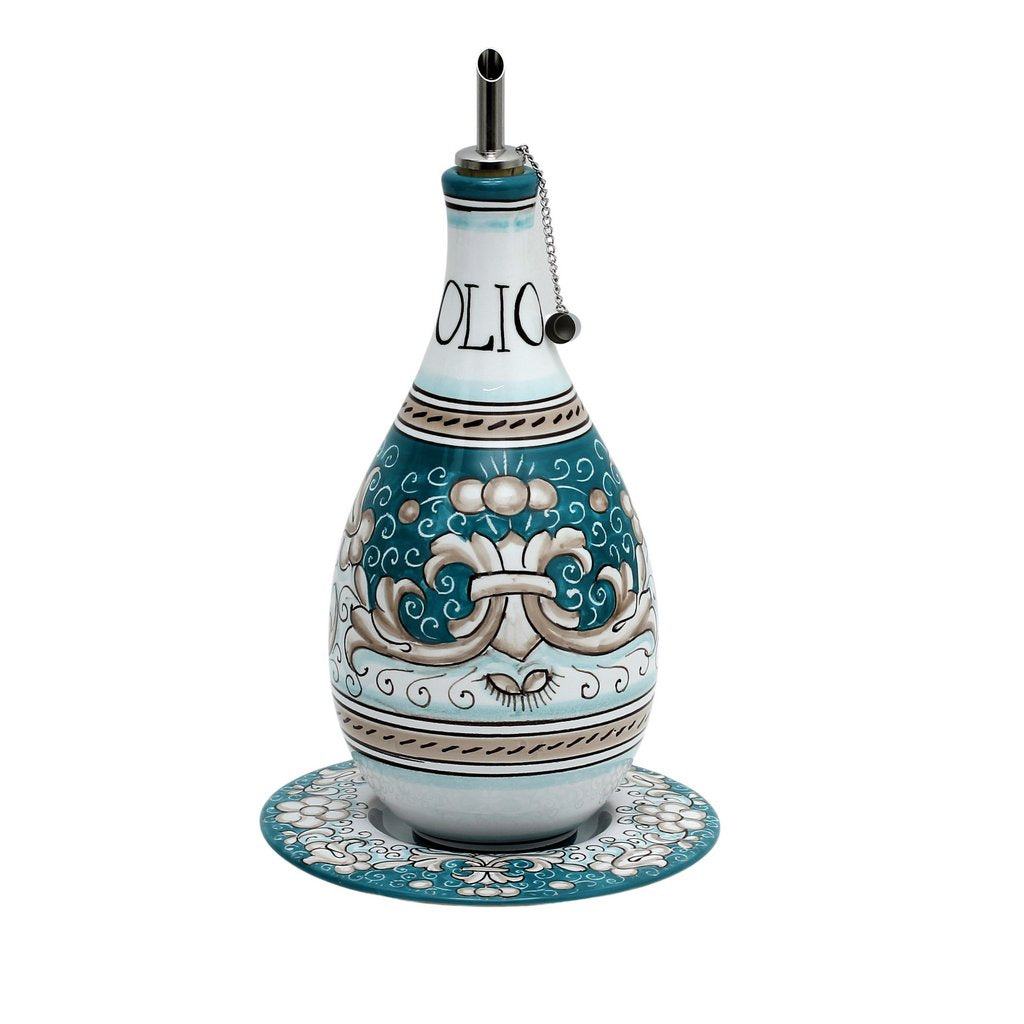 DERUTA COLORI: Traditional Olive Oil Bottle with pourer AQUA/TEAL Color - Artistica.com