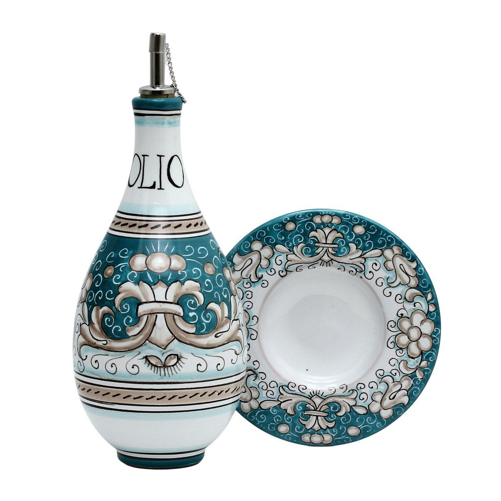 DERUTA COLORI: Traditional Olive Oil Bottle with pourer AQUA/TEAL Color - Artistica.com
