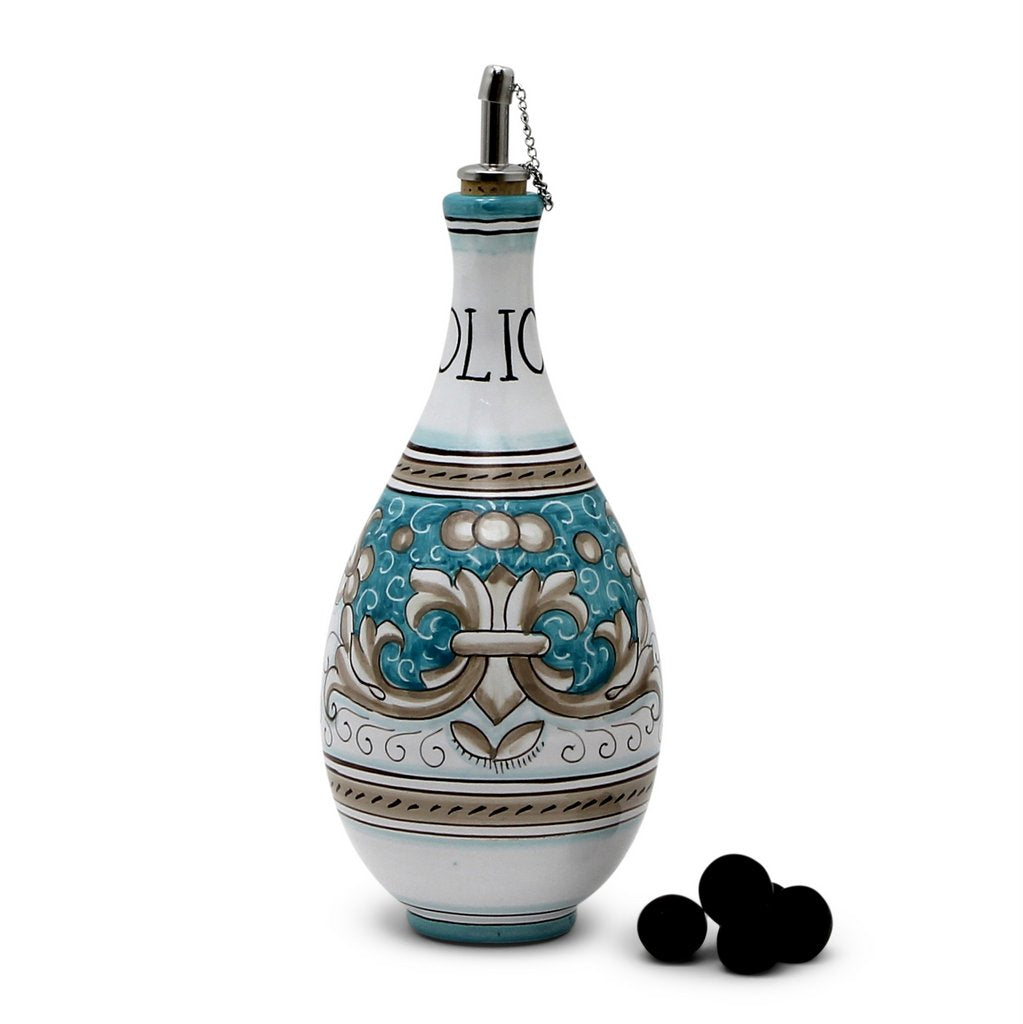 DERUTA COLORI: Traditional Olive Oil Bottle with pourer AQUA/TEAL Color - Artistica.com