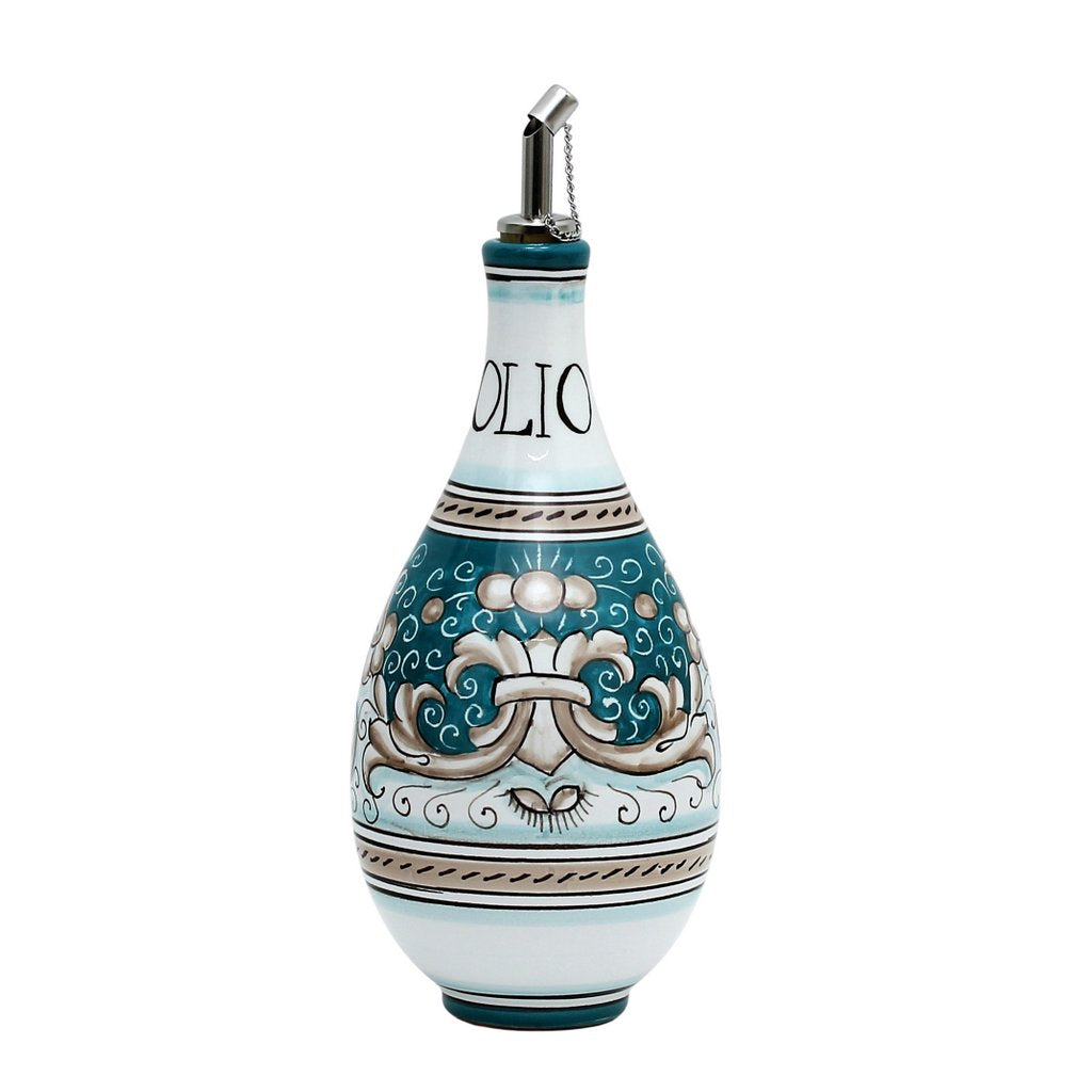 DERUTA COLORI: Traditional Olive Oil Bottle with pourer AQUA/TEAL Color - Artistica.com