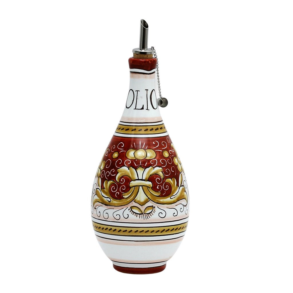 DERUTA COLORI: Traditional Olive Oil Bottle with pourer Antique CORAL RED Color - Artistica.com