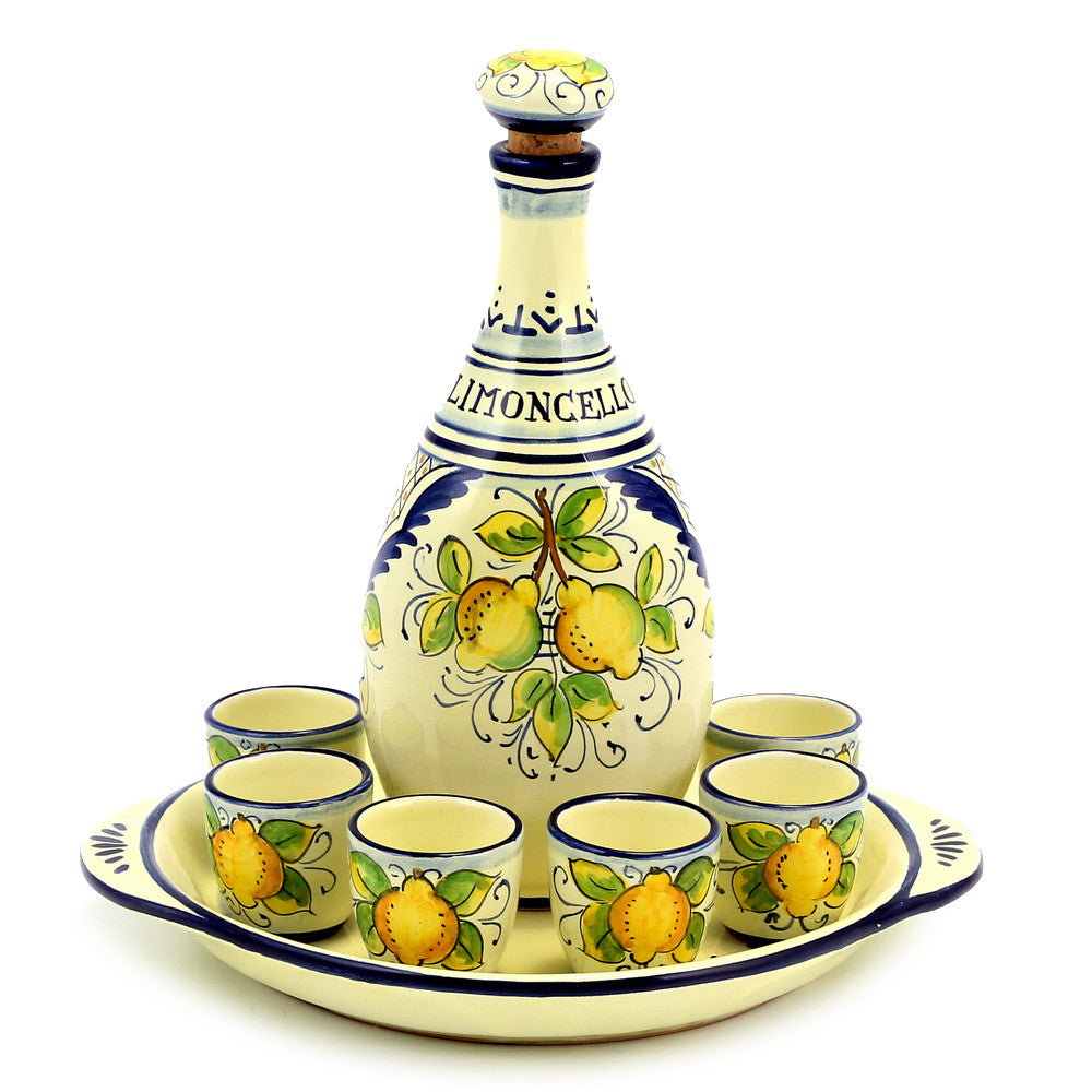 LIMONCELLO: Limoncello Set with Blue trimmings (Bottle with stopper and Tray and 6 Shot Glasses) - Artistica.com