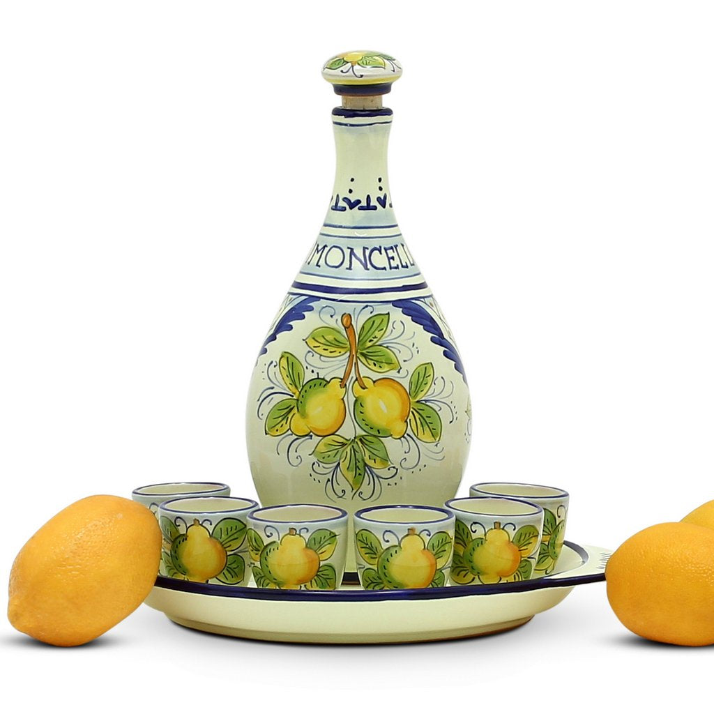 LIMONCELLO: Limoncello Set with Blue trimmings (Bottle with stopper and Tray and 6 Shot Glasses) - Artistica.com