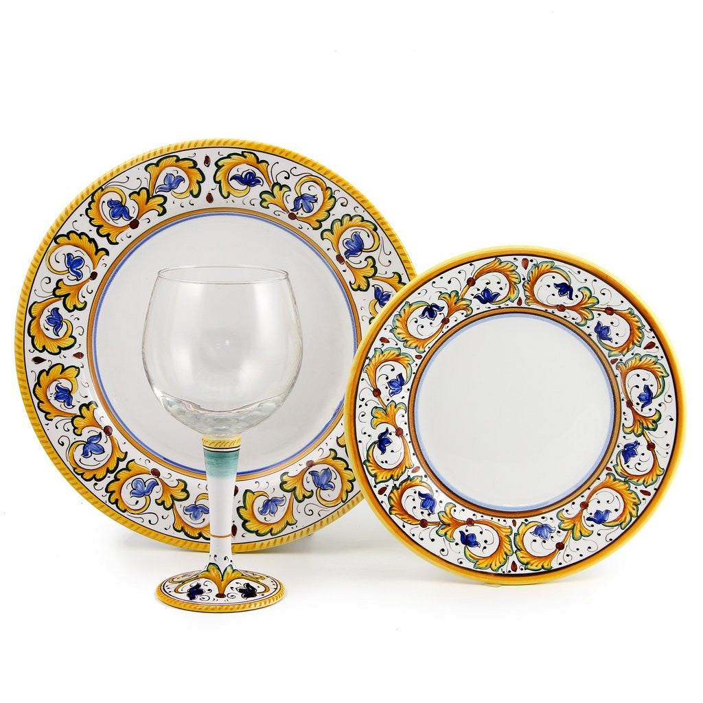 DERUTA STEMWARE PACK: Burgundy Balloon and Dinner Plate and Salad Plate PERUGINO Design - Artistica.com