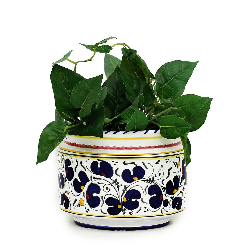 ORVIETO BLUE ROOSTER: Cylindrical Cover Pot - Cachepot Planter (Small) - Artistica.com
