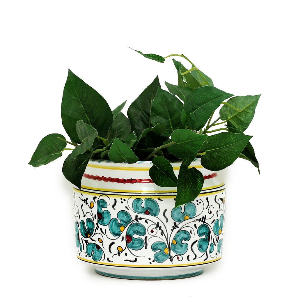 ORVIETO GREEN ROOSTER: Cylindrical Cover Pot - Cachepot Planter (Small) - Artistica.com