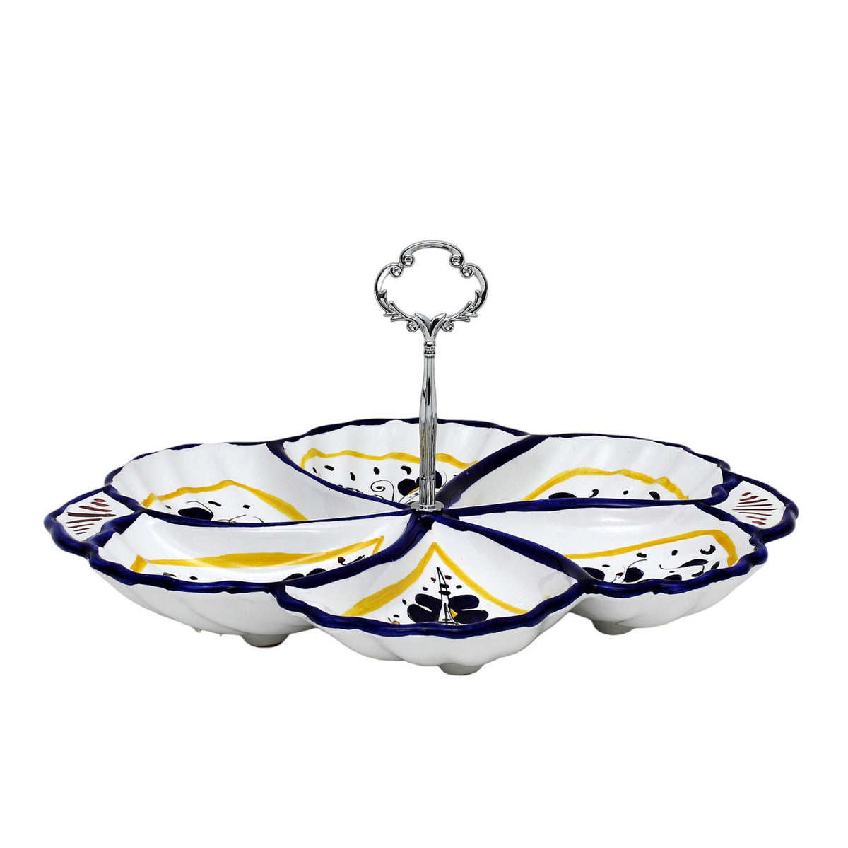 ORVIETO BLUE ROOSTER: Handled Tidbit Snack Tray Fiore/Shell server - Six Compartments - Artistica.com