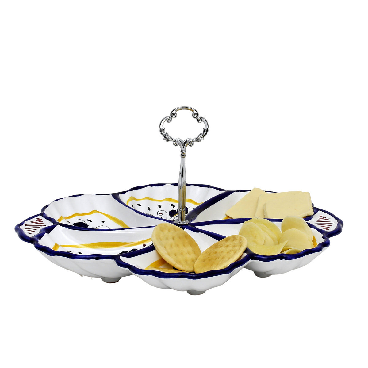 ORVIETO BLUE ROOSTER: Handled Tidbit Snack Tray Fiore/Shell server - Six Compartments - Artistica.com