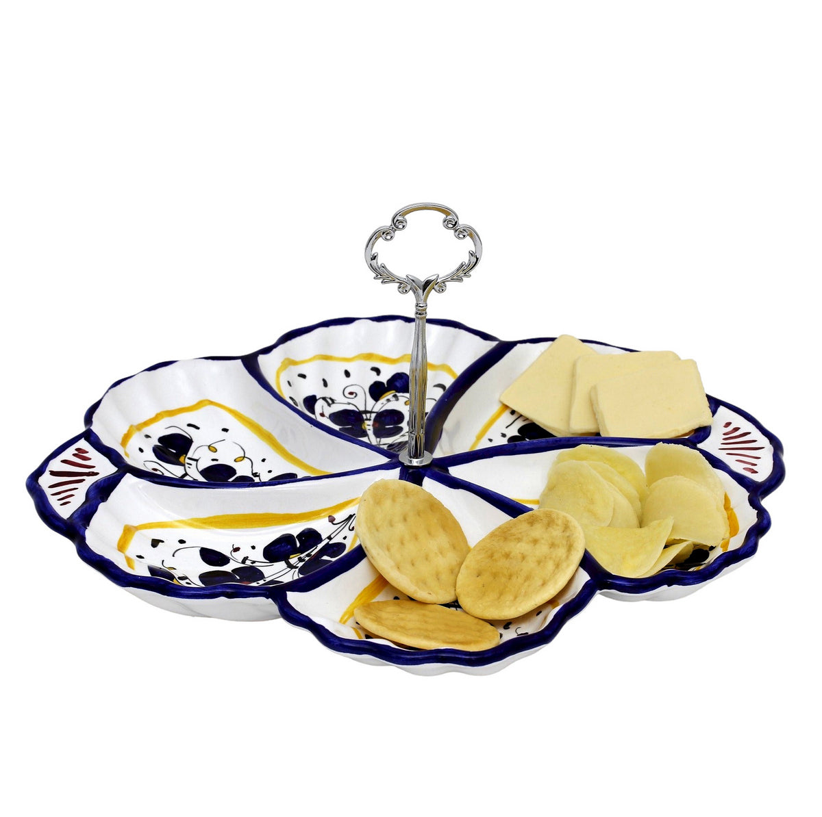 ORVIETO BLUE ROOSTER: Handled Tidbit Snack Tray Fiore/Shell server - Six Compartments - Artistica.com