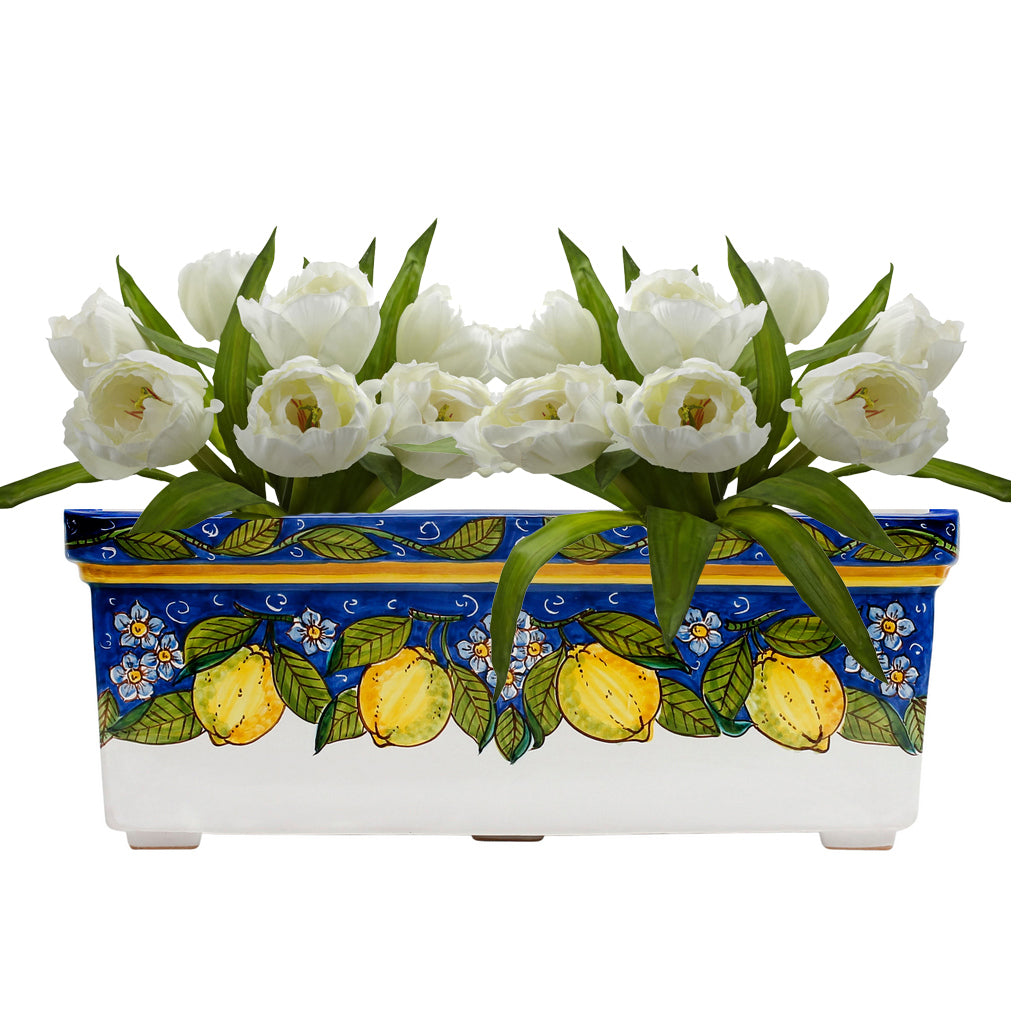 SICILIA: Rectangular Jardiniere from Caltagirone Sicily (Indoor-Outdoor) - BLUE Lemon Design - Artistica.com