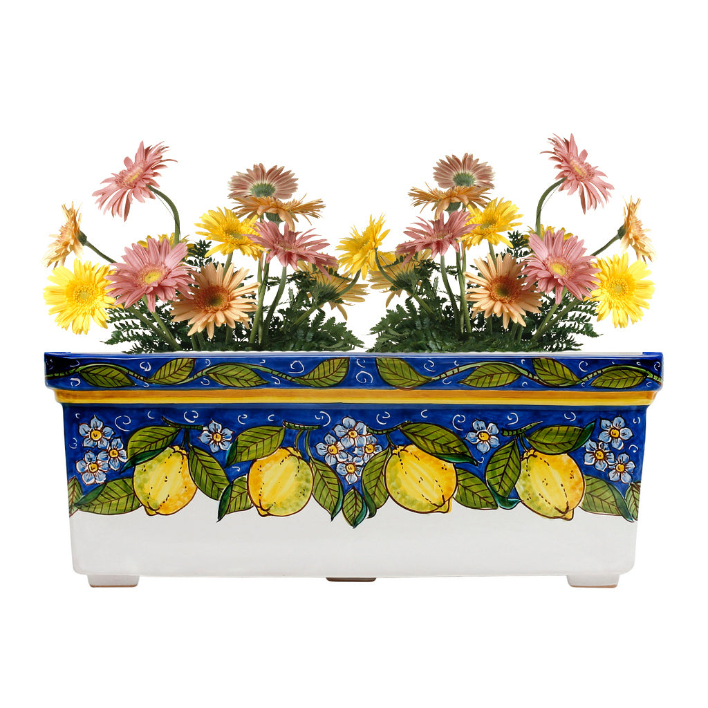 SICILIA: Rectangular Jardiniere from Caltagirone Sicily (Indoor-Outdoor) - BLUE Lemon Design - Artistica.com