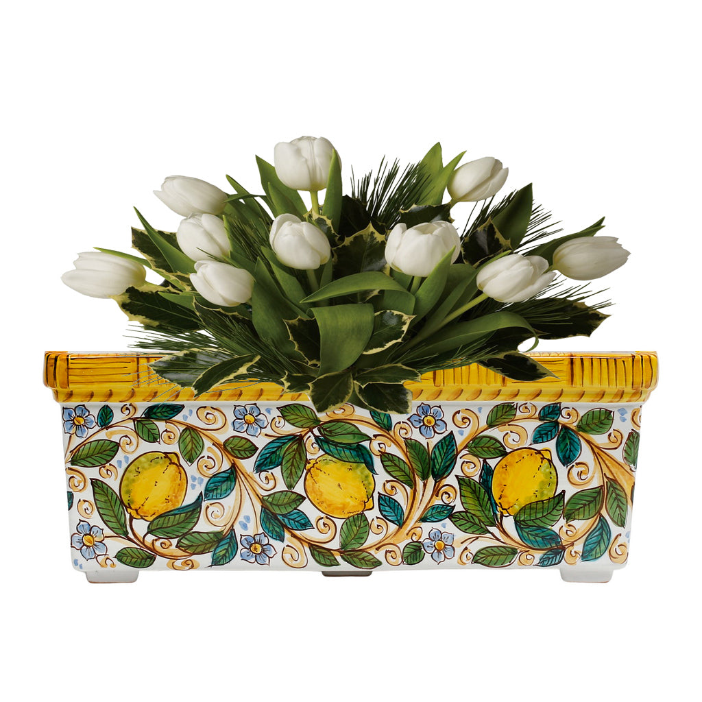 SICILIA: Rectangular Jardiniere from Caltagirone Sicily (Indoor-Outdoor) - Lemon Design - Artistica.com