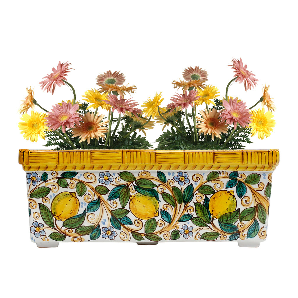 SICILIA: Rectangular Jardiniere from Caltagirone Sicily (Indoor-Outdoor) - Lemon Design - Artistica.com