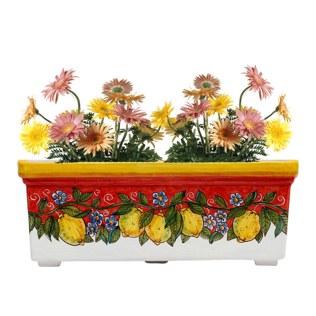 SICILIA: Rectangular Jardiniere from Caltagirone Sicily (Indoor-Outdoor) - RED Lemon Design - Artistica.com