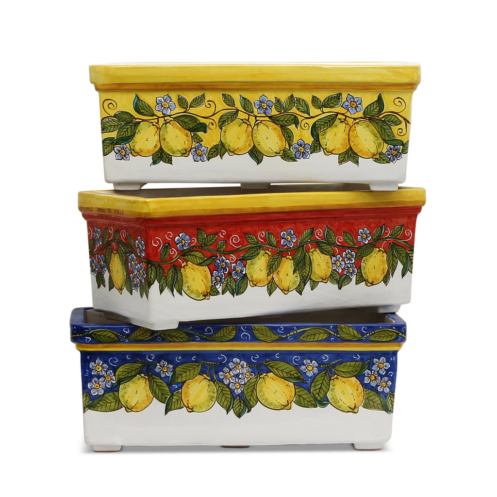 SICILIA: Rectangular Jardiniere from Caltagirone Sicily (Indoor-Outdoor) - BLUE Lemon Design - Artistica.com