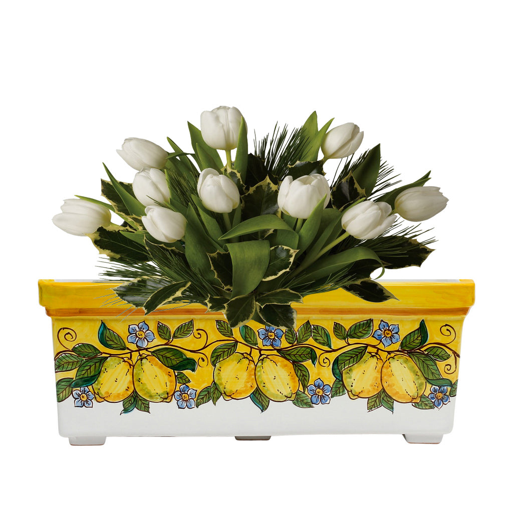 SICILIA: Rectangular Jardiniere from Caltagirone Sicily (Indoor-Outdoor) - YELLOW Lemon Design - Artistica.com