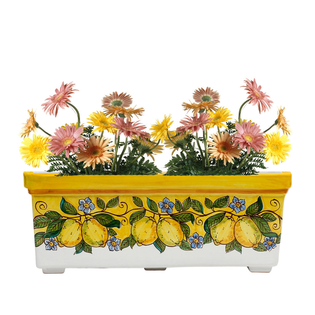 SICILIA: Rectangular Jardiniere from Caltagirone Sicily (Indoor-Outdoor) - YELLOW Lemon Design - Artistica.com