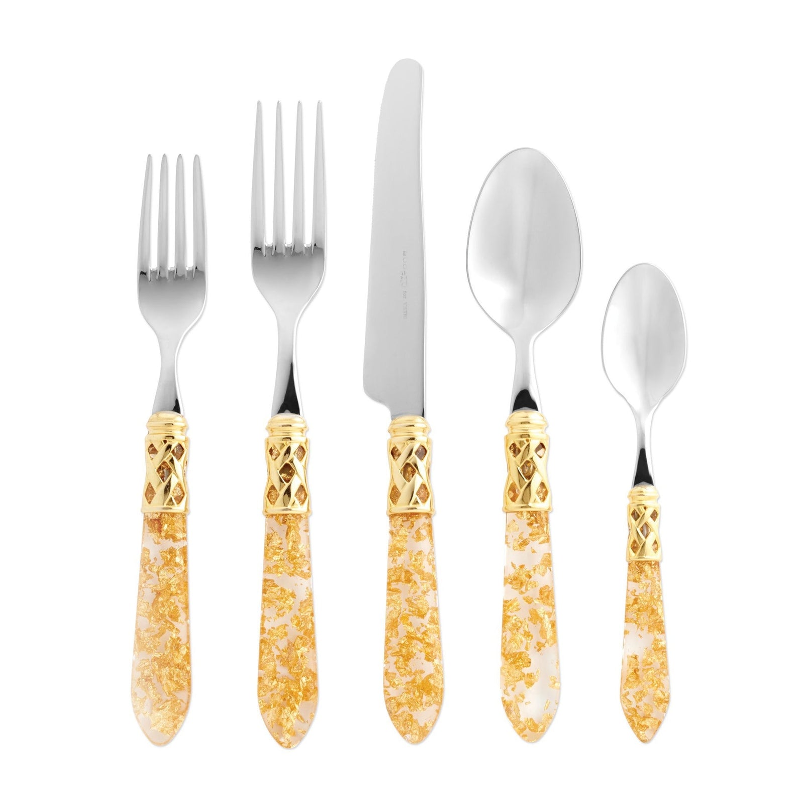 VIETRI: Aladdin Five Piece Place Setting GOLD FLECK with GOLD Plated Lattice - Artistica.com