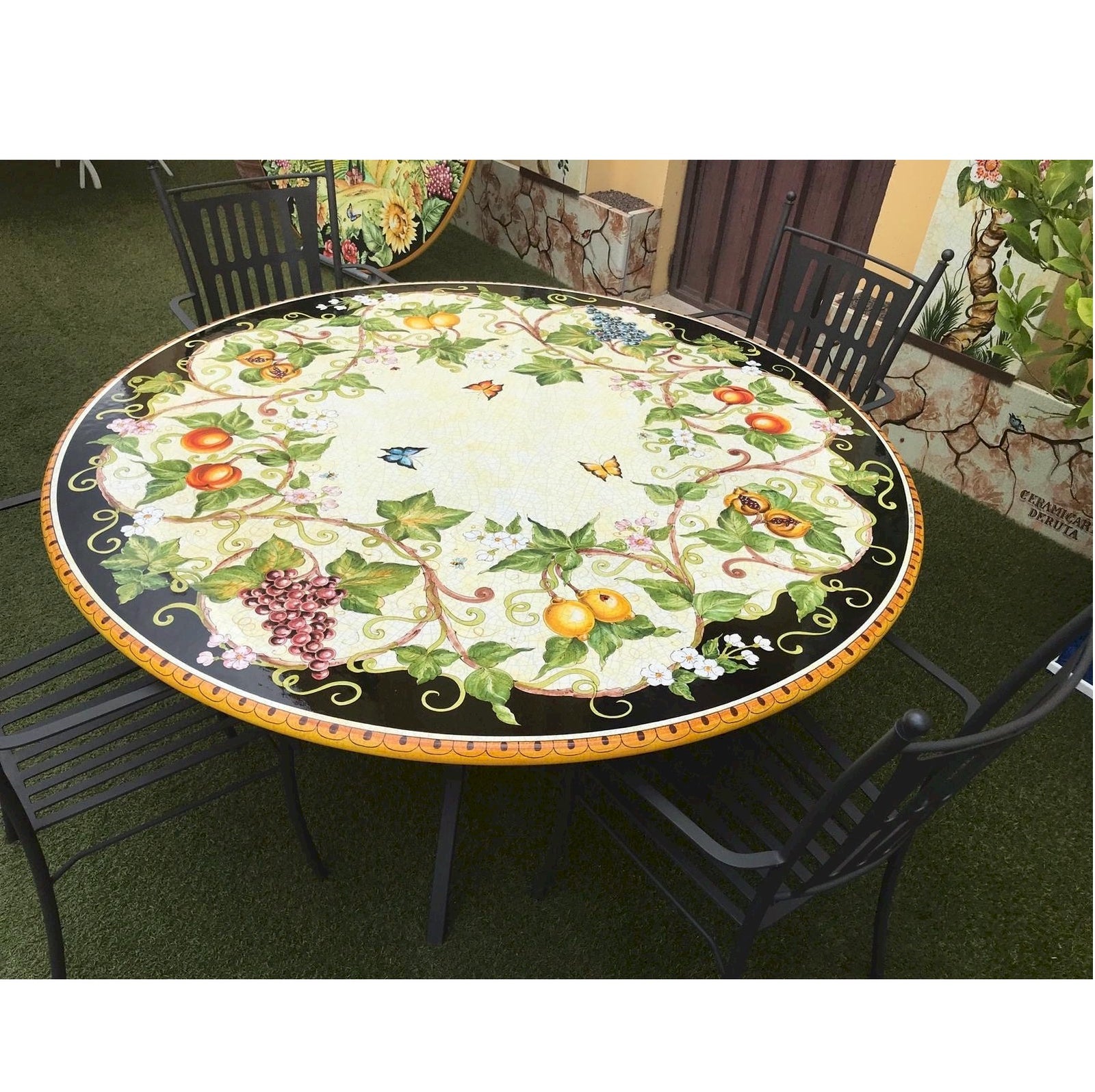 CERAMIC STONE TABLE + IRON BASE: BEVAGNA Design^ - Hand Painted in Deruta, Italy. - Artistica.com