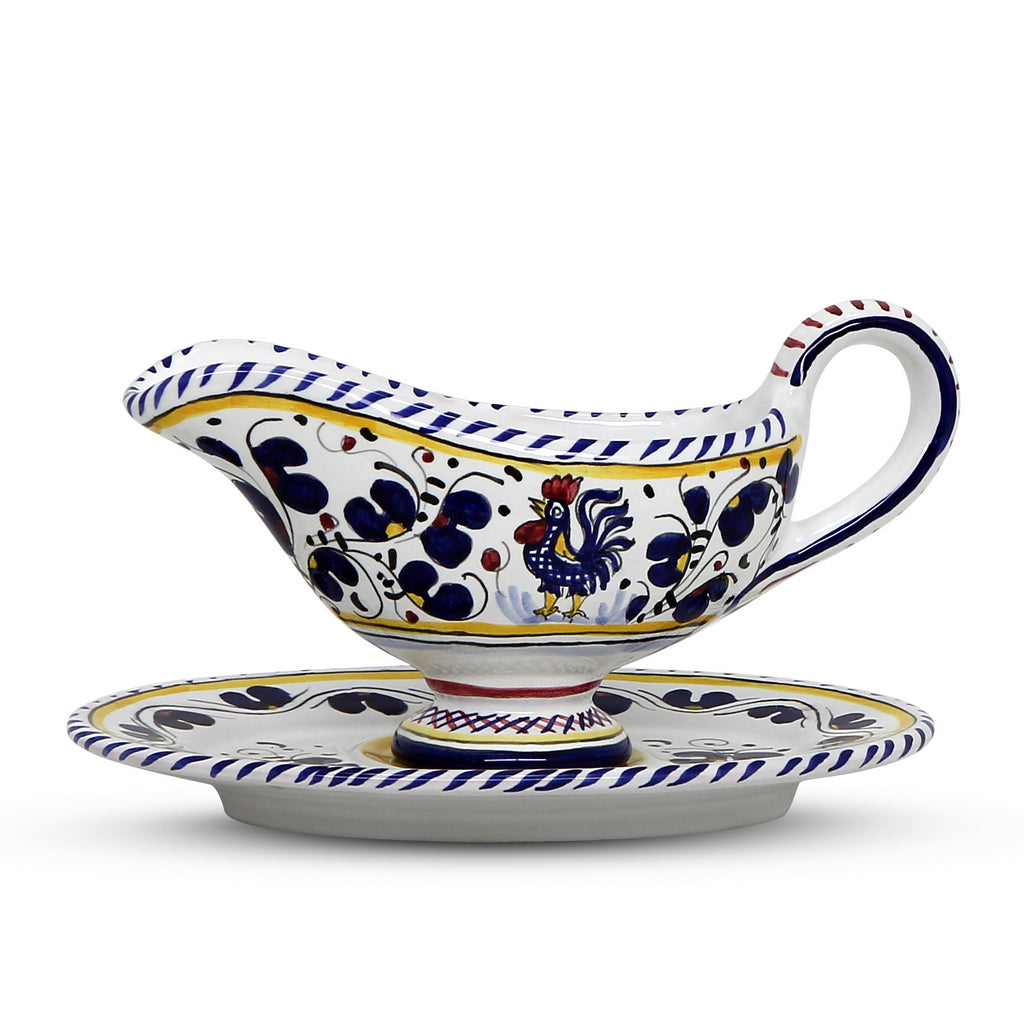 ORVIETO BLUE ROOSTER: Gravy Sauce Boat with Tray [R] - Artistica.com