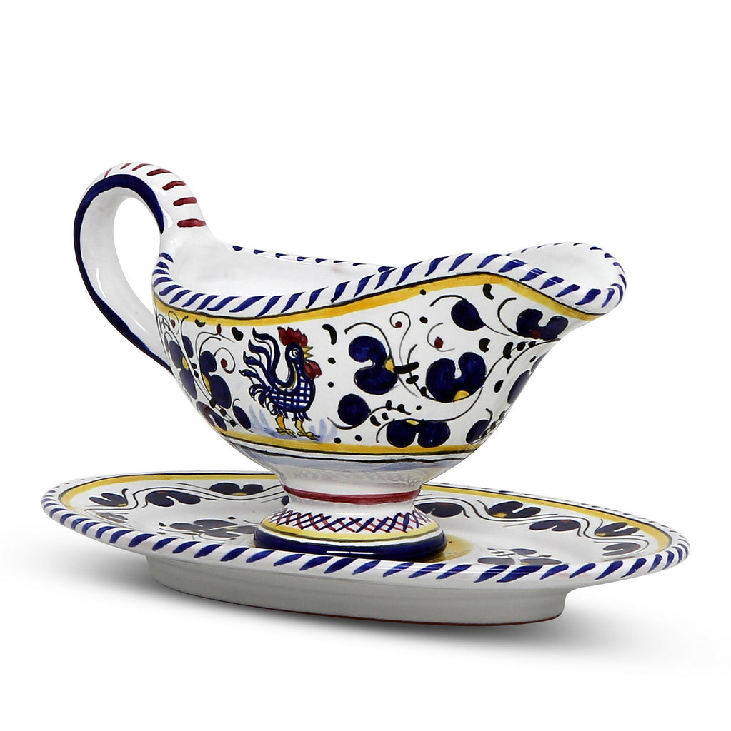 ORVIETO BLUE ROOSTER: Gravy Sauce Boat with Tray [R] - Artistica.com