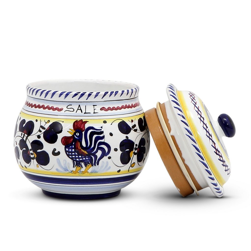 ORVIETO BLUE ROOSTER: Round SALE (Salt) Box Canister with rubber sealing lid [R] - Artistica.com