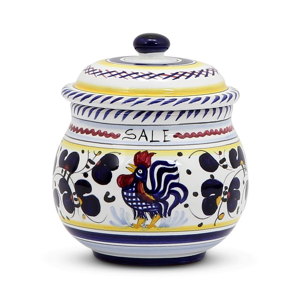 ORVIETO BLUE ROOSTER: Round SALE (Salt) Box Canister with rubber sealing lid [R] - Artistica.com