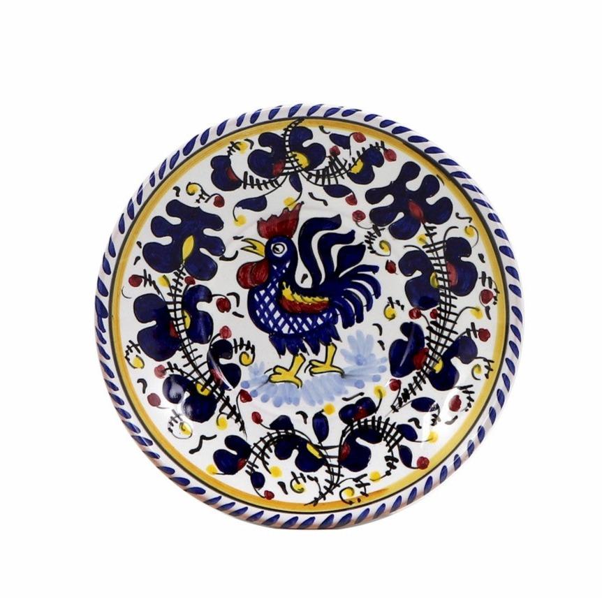ORVIETO BLUE ROOSTER: Canape Plate - 7" Diam. Saucer [STRIPED RIM] - Artistica.com
