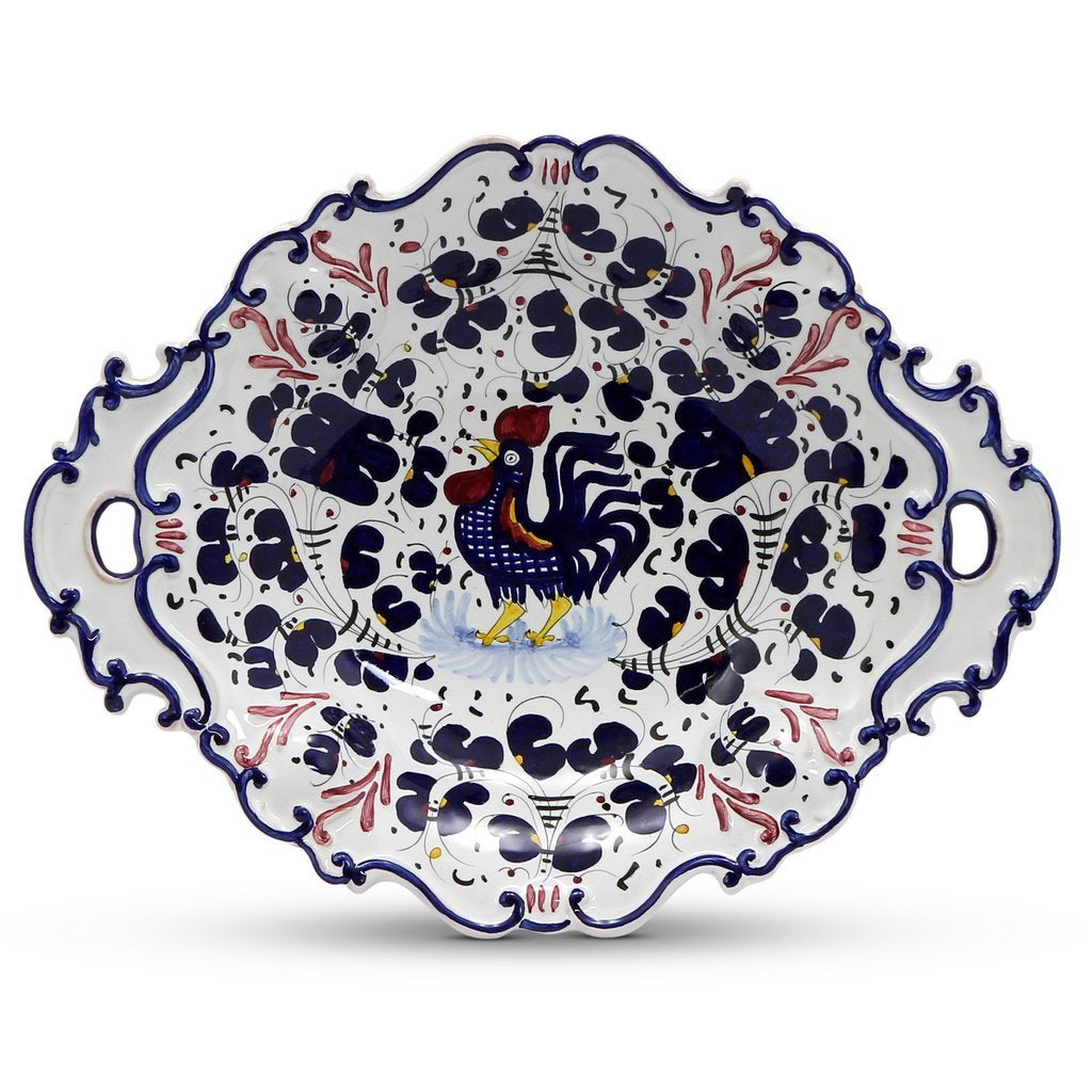 ORVIETO BLUE ROOSTER: Oval Tray with Handles [R] - Artistica.com