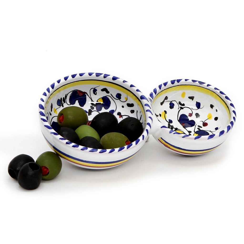 ORVIETO BLUE ROOSTER: Olive Dish Bowl - Relish, Condiments, Olive and Nuts divided bowl [R] - Artistica.com