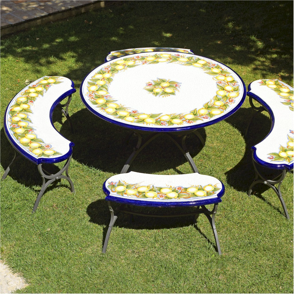 WROUGHT IRON BENCH WITH CERAMIC TOP: Large Curved model design (Seats Two) in Deruta, Italy. - Artistica.com
