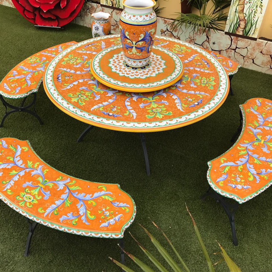 WROUGHT IRON BENCH WITH CERAMIC TOP: Large Curved model design (Seats Two) in Deruta, Italy. - Artistica.com