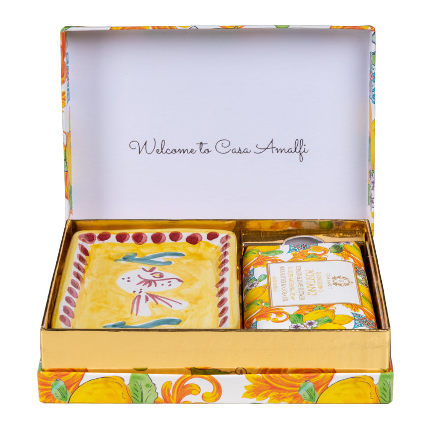 CASA AMALFI SOAPS: Scented Soap Bar with ceramic soap dish - Buongiorno Positano Set - Artistica.com